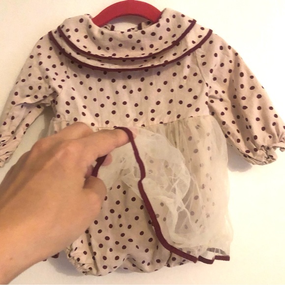Adorable Mini Olie Burgundy Polka Dot Romper with Collar and Tulle Skirt Layer - Picture 4 of 5